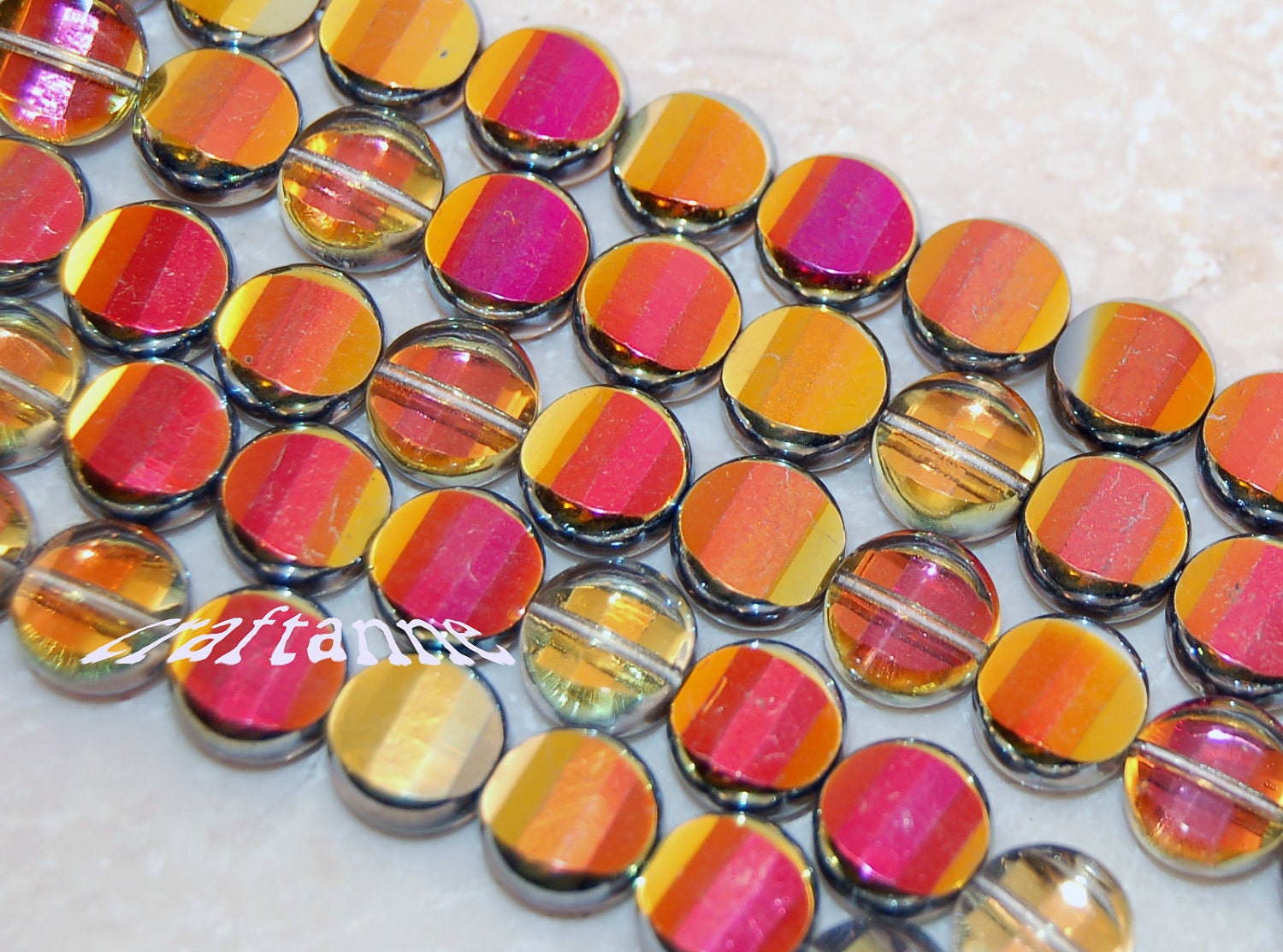 9mm Sunburst Marea Crystal Lens Firepolish Coin Round Czech Beads with Hot Pink, Tangerine, and Electric Yellow, 25 Beads and Free Shipping