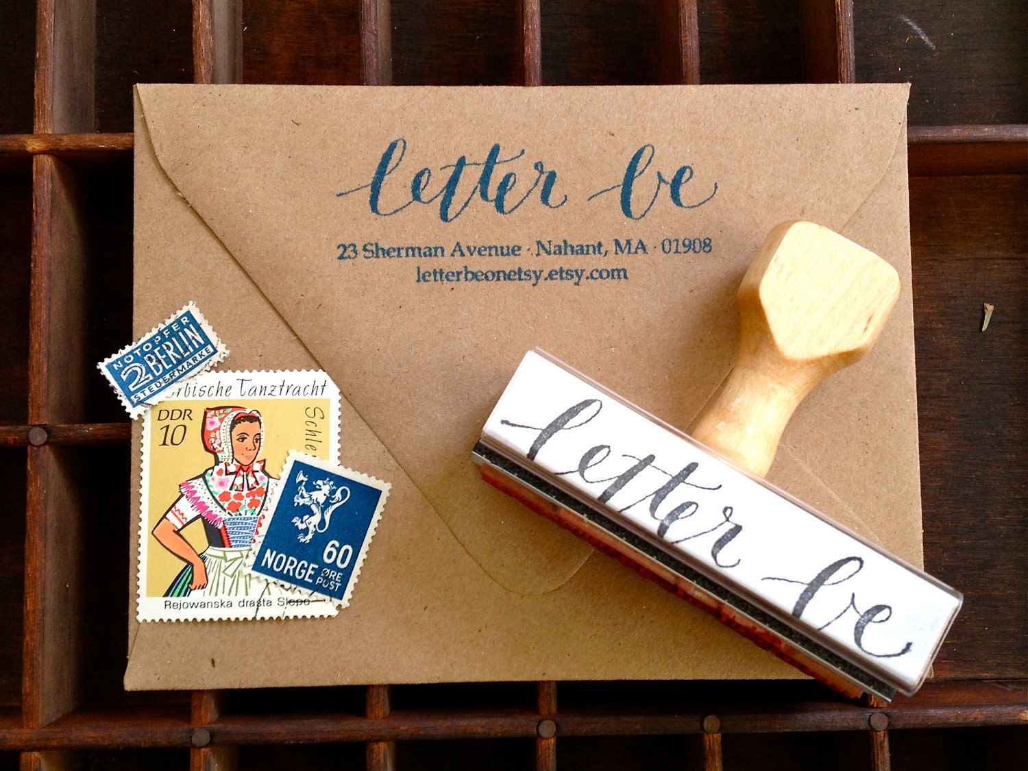 CALLIGRAPHY ADDRESS STAMP - Return Address in Script & Type - Weddings, Branding, Custom - Wooden Handle