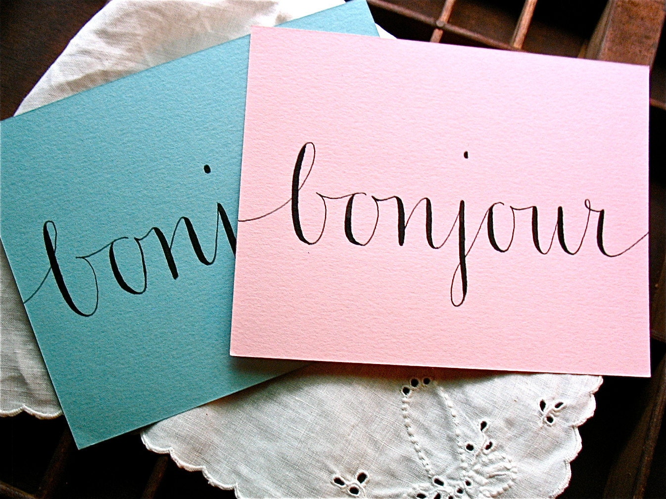 BONJOUR CALLIGRAPHED POSTCARD w/Vintage Postage - Ready to Mail