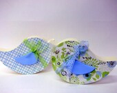 Pair of wood Spring Birds blue green ivory Spring decor Home decor