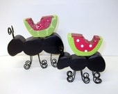 Pair of wood Ants with Watermelons Summer decor Picnic Red Green Black