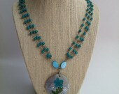 Hand Painted Turquoise Flower on Shell Pendant Triple Strand Glass Bead Necklace