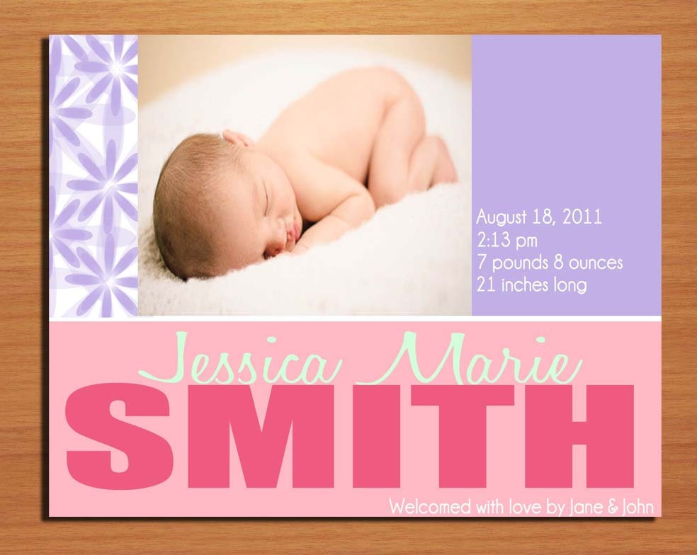 Customized Printable Baby Birth Announcement / Pink and Purple / DIY