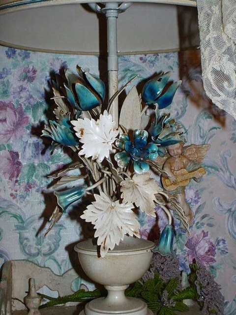 Vintage Italian Tole Lamp Tulips Flowers Blue White Shabby Chic Cottage Decor