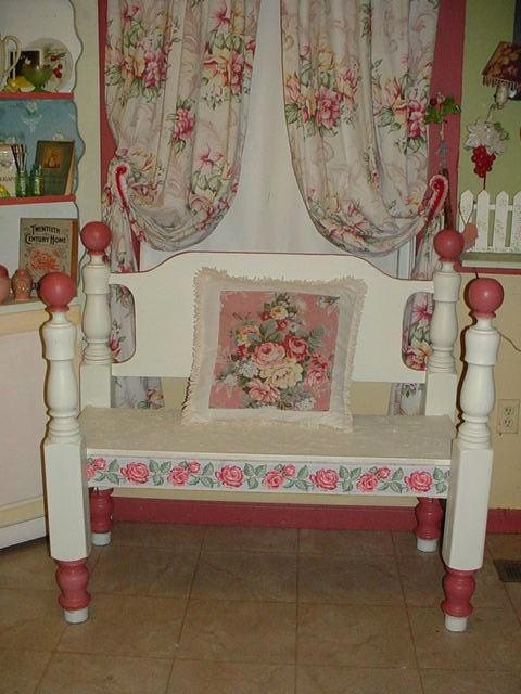 Chic Bench Painted Red White Roses Adorable 4 Porch Bedroom Kitchen Recycled From Twin Bed Simply Cottage Chic
