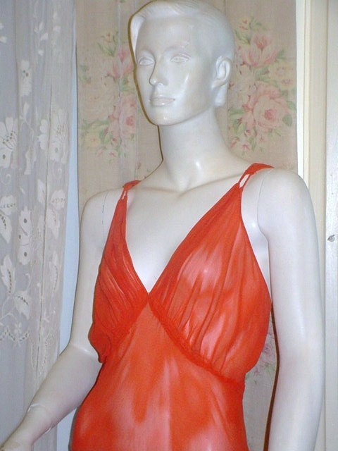 SALE 1930s Bias Gown Silk Crepe Coral Chiffon Sheer Lingerie Evening Dress Great Back