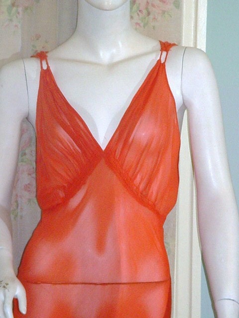 SALE 1930s Bias Gown Silk Crepe Coral Chiffon Sheer Lingerie Evening Dress Great Back