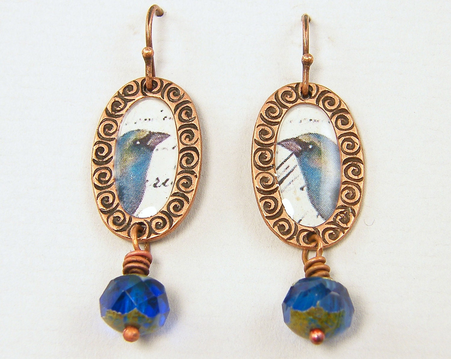 Bird Earrings. Blue Earrings, Copper Dangle Earrings, Bead Drop Collage Art Nature Jewelry