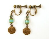 Aqua Clip on Earrings, Dragonfly Clip on Earrings,  Brass Dangle Screw Back Earrings