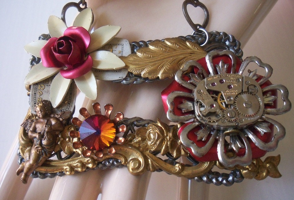 Valentines Day Steampunk Collage Necklace Vintage Watch Parts Flowers Cherub Swarovski Crystal - Sweetheart Collection