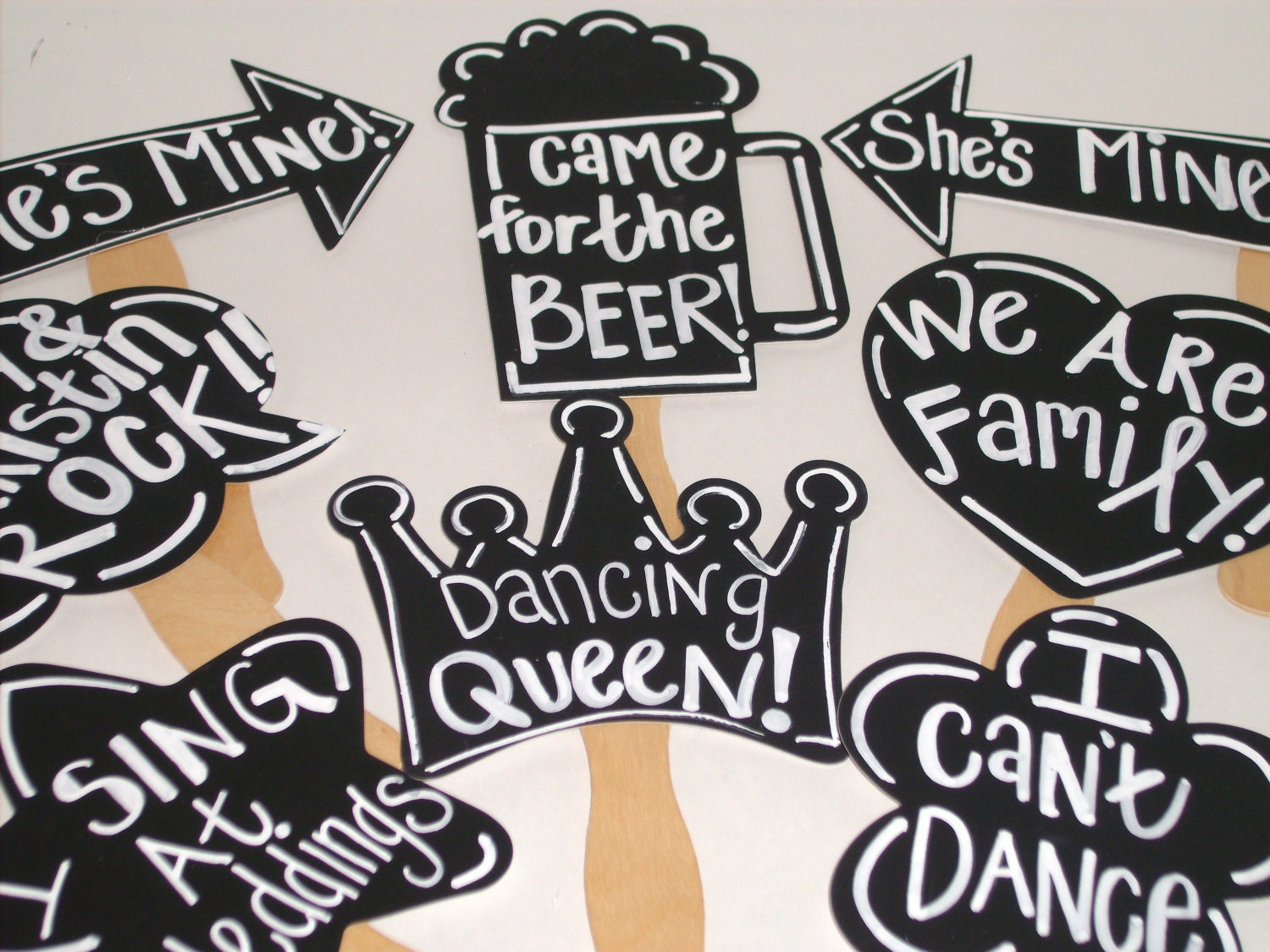 8 Chalkboard Photo booth Props WITH Phrases Written -  Chalk Board Photobooth Props Set of 8 Wedding photo Prop Decorations