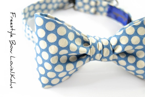 Wedding Mens Bow Tie Louis I. Kahn- cotton- blue white polka dots bowtie