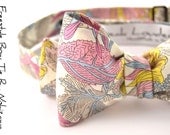 Wedding Mens Bow Tie R. Nishizawa- Pink, yellow and grey flowers bowtie