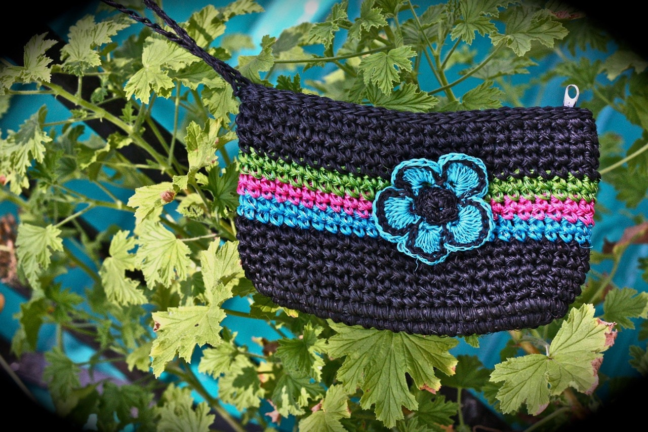 Wristlet: Black and Neon with Blue Flower