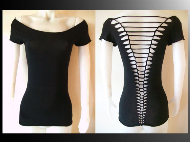 Womens / Juniors Blank Black Top Cut Shirt Series Off Shoulder Size Small, Medium, Large, XL, 2XL, 3XL Shredded T