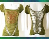 Junior / Womens Tie Dyed Olive Cut Top " Tribal Mayan Treasure" Cut Shirt Series Size Small, Medium, Large, XL, 2XL, 3XL Shredded T
