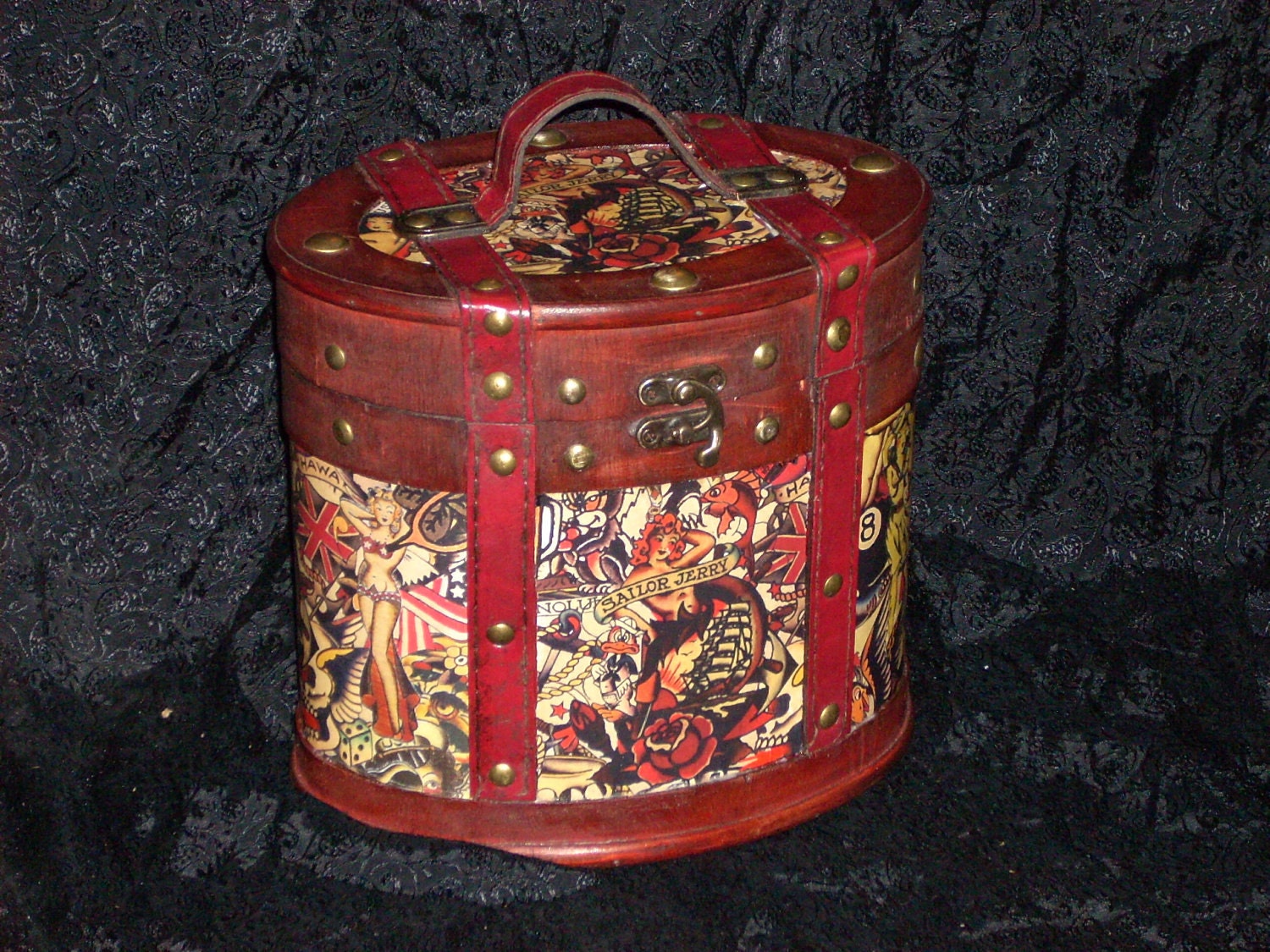 Steampunk tattoo wood box purse Sailor Jerry