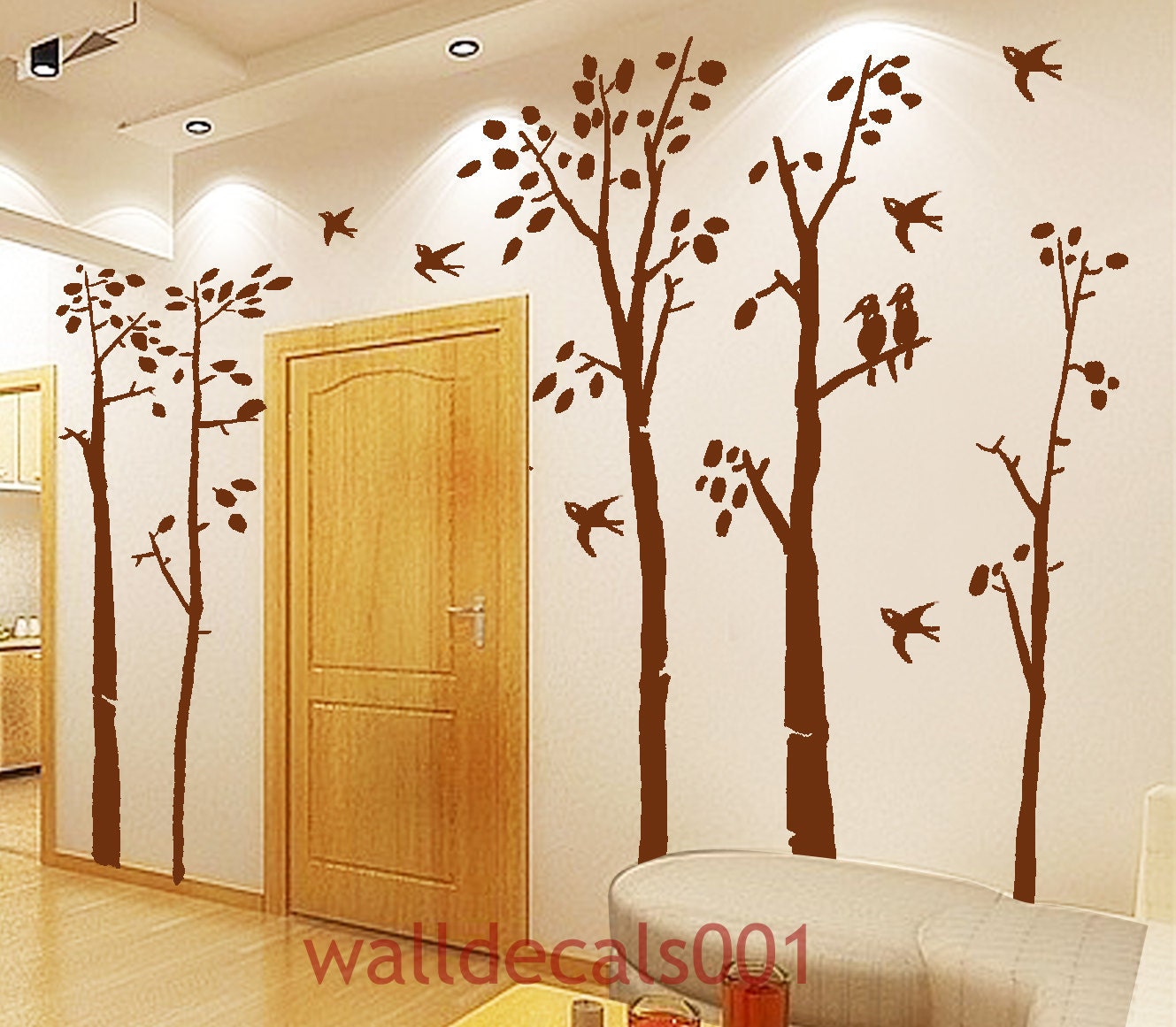 Wall Decal wall Sticker Art - birds in birch forest -set of 5 birch trees-Large