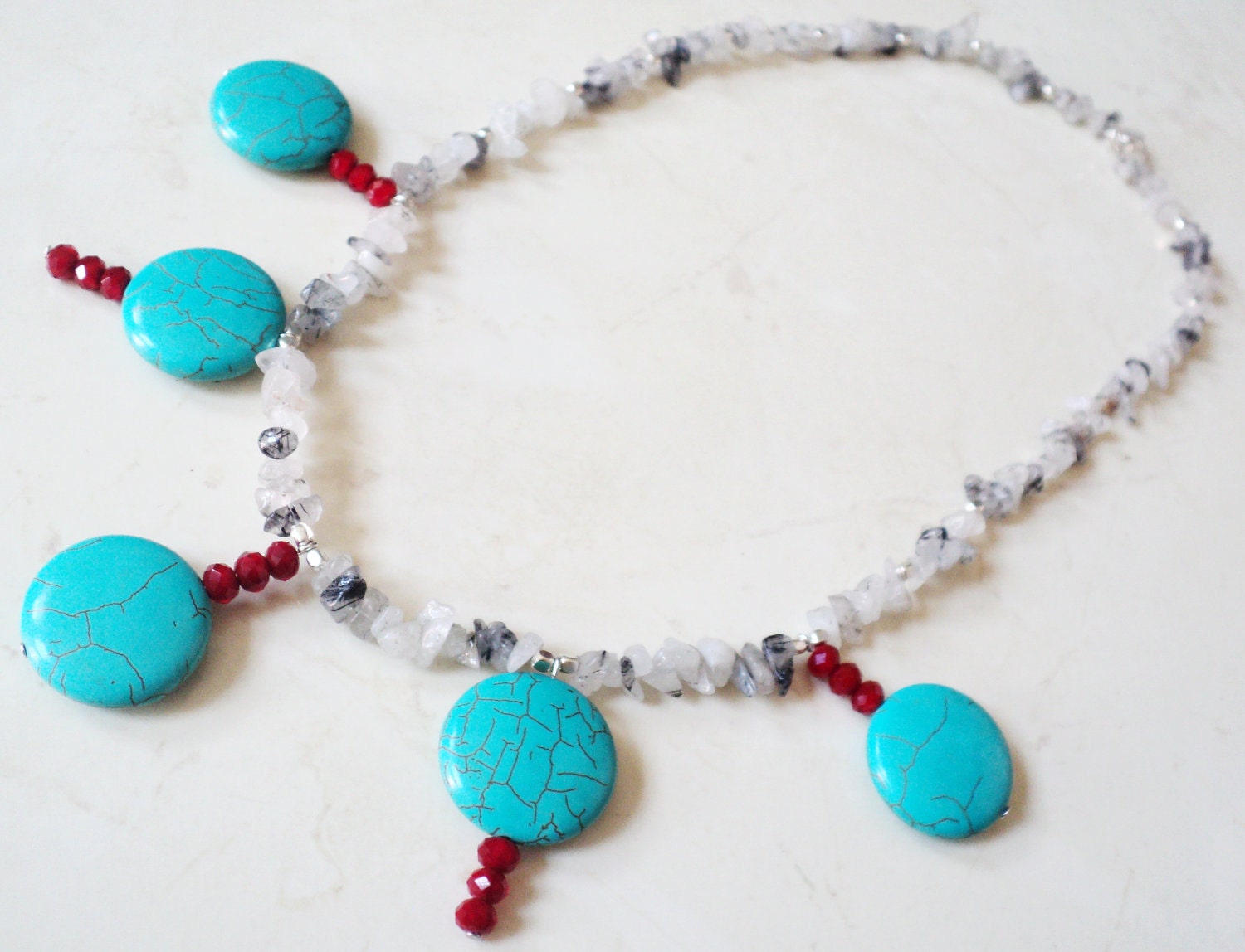 Blue Turquoise Red Ruby Crystal Natural Rulite Quartz Handmade Necklace