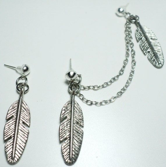 Beautiful Feathers Silver Double Chain Stud Earring