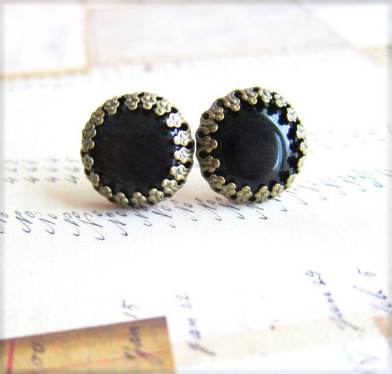 Black Earrings Studs Glass Post Onyx Dark Gothic Goth Mod Rustic Antique Brass Indie Bohemian Exotic