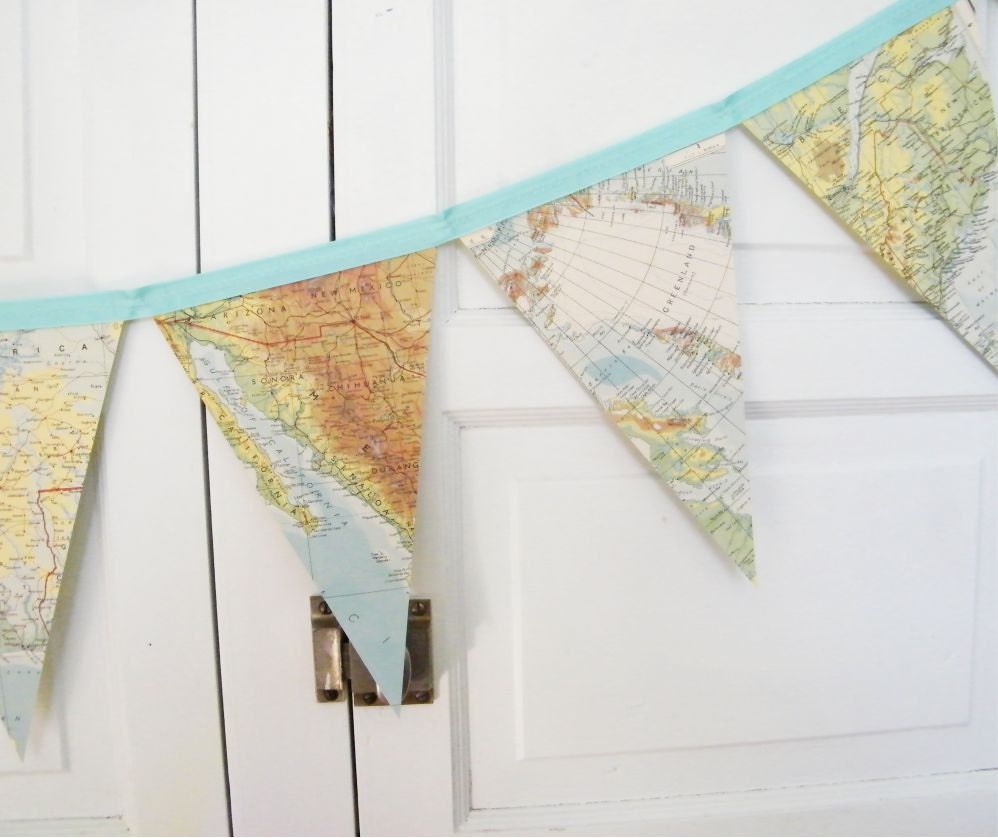 Vintage World Map Bunting Banner, a repurposed vintage atlas garland, photography prop - decorandcrafts