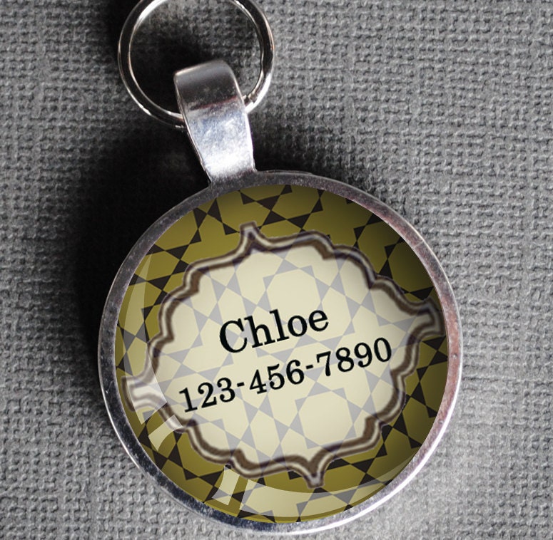 Olive green patterned Pet iD Tag colorful round Dog Tag 35mm round  Pet tag-  by California Mutts