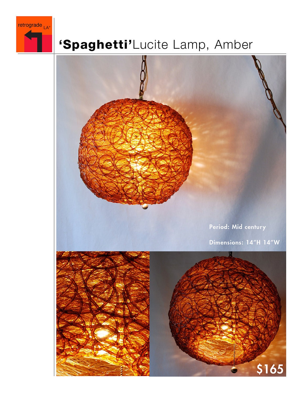 Mid Century Amber Lucite Pendent Lamp