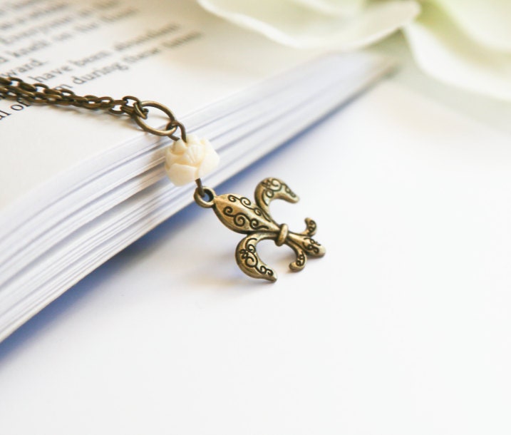 Fleur de Lis Charm Necklace, Bronze with Cream- Custom Resin Flower Bead- You Choose