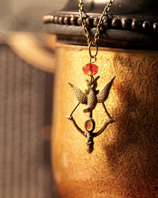 The Hunger Games Inspired Mocking Jay & Bow and Arrow Necklace with Red Fire Crystal- FREE WORLDWIDE SHIPPING