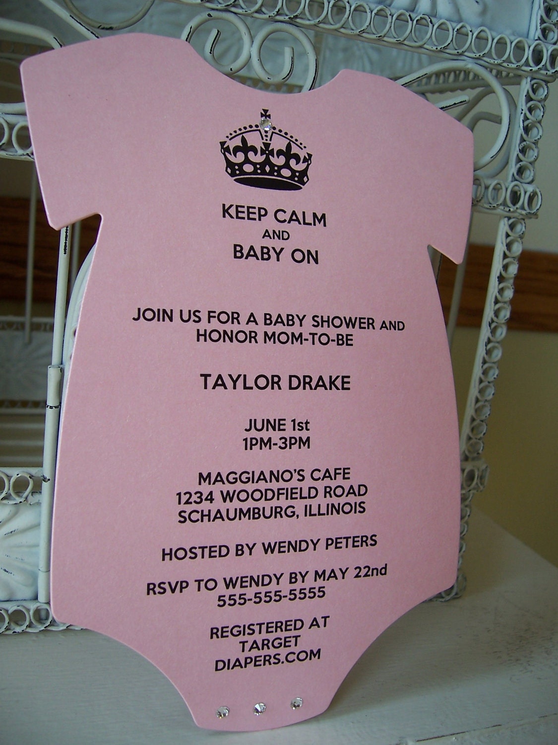 Keep Calm Baby Shower Invitation  - Custom Die Cut Onesie and Your Choice of Metallic Card Stock