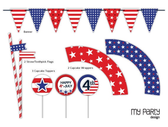 4th of July Party - PRINTABLE  - FULL COLLECTION banner cupcake topper flag label place card tag wrapper red blue diy pdf