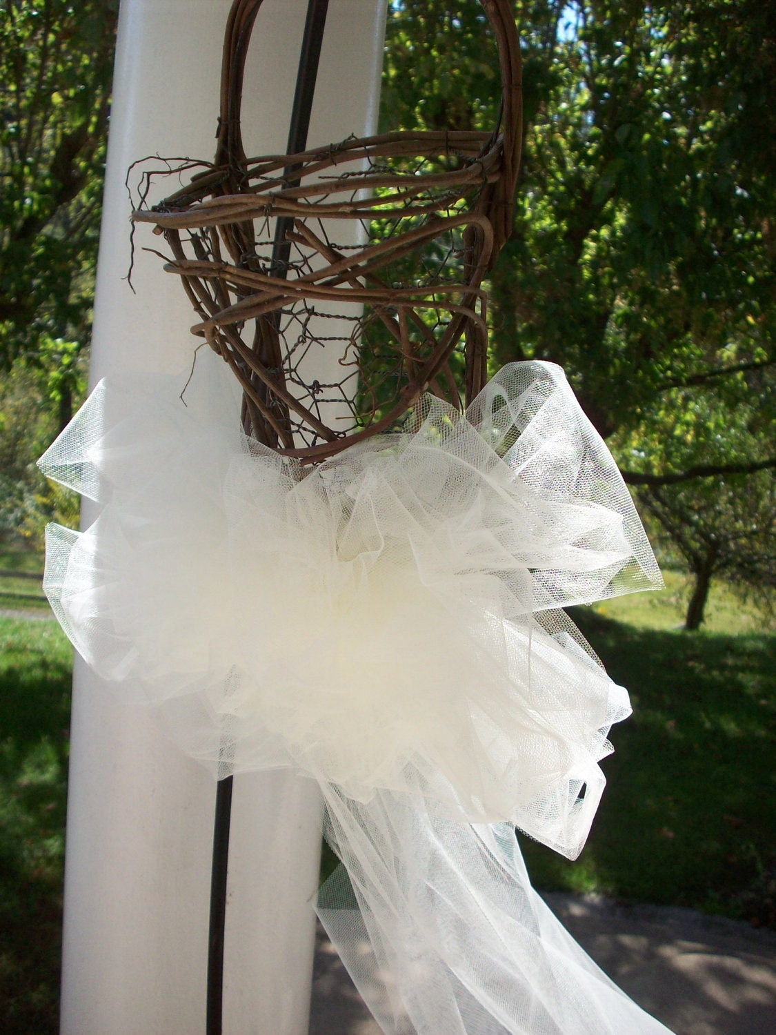 Rustic Grapevine Basket with a Tulle Bow...Church Pews or Chairs/ Reception Trellis Bows or Fence Hangers...Set of 8
