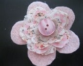 Felt and Fabric Flower Hair Clip in Light Pink/Multi Color Florals/Gingham and Lace with Button
