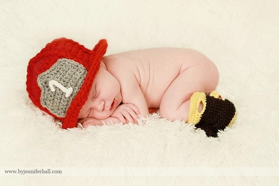 Crochet Baby Hat and Booties - Baby Firefighter Helmet and Boots
