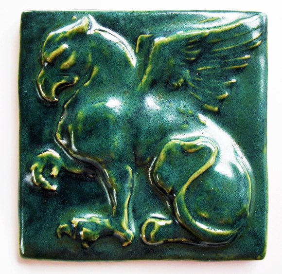 Gryphon / Griffin / Griffon Ceramic Tile with Peacock Celadon Glaze
