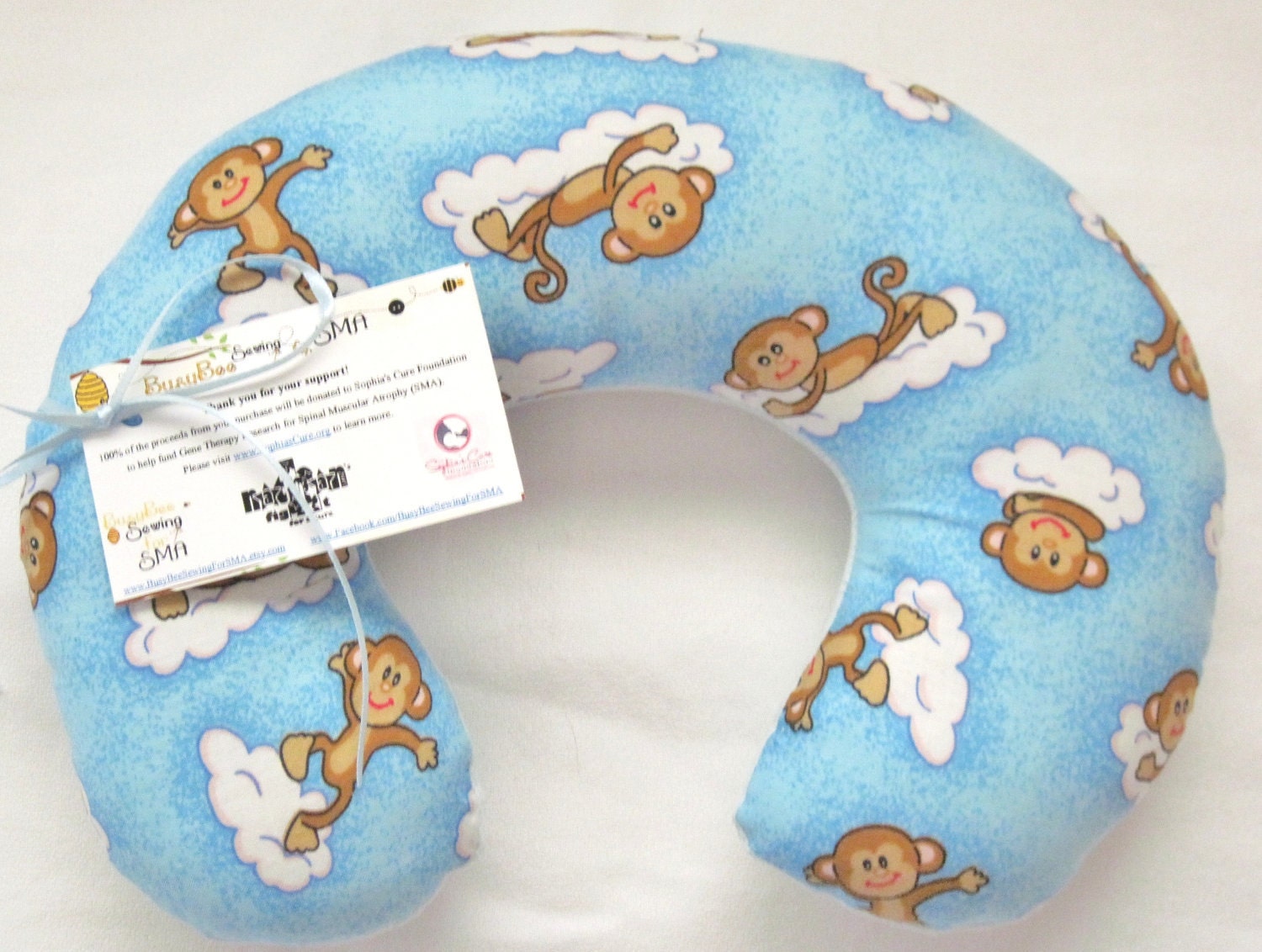 Travel Pillow - Head Neck Support - Toddler Infant Baby - Monkey on Clouds Blue w/ White Minky Fleece - Baby Boy