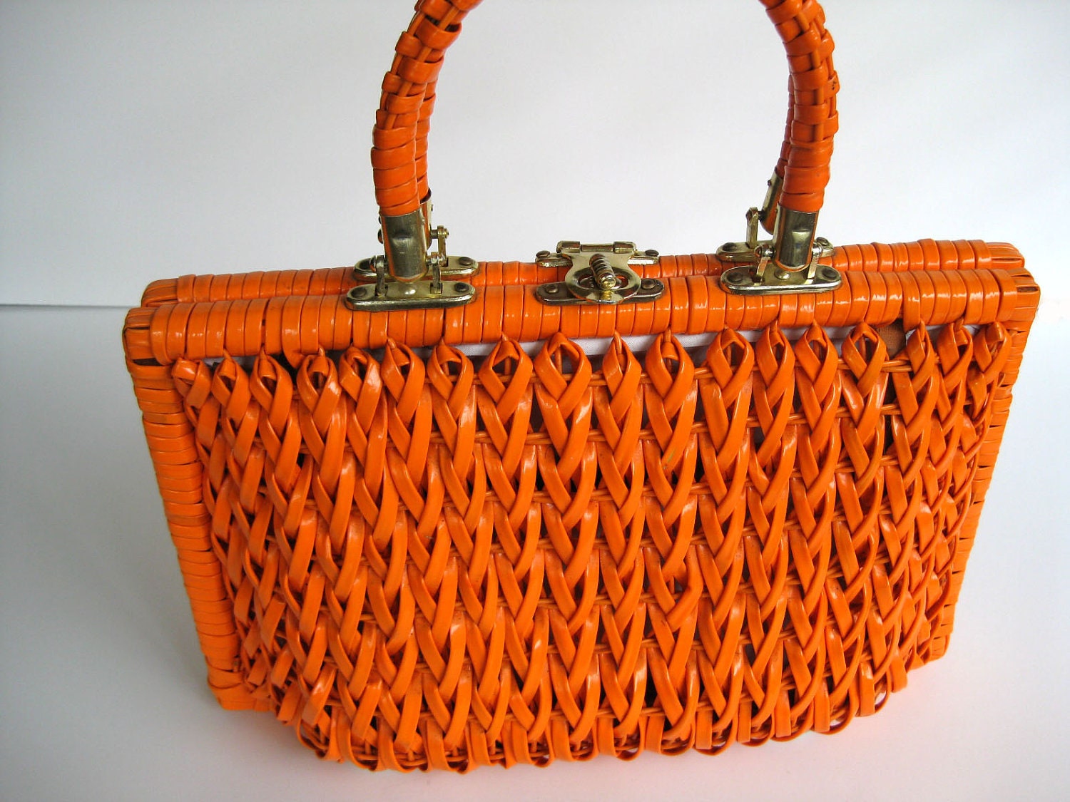 vintage handbag - purse - tangerine tango orange plastic woven