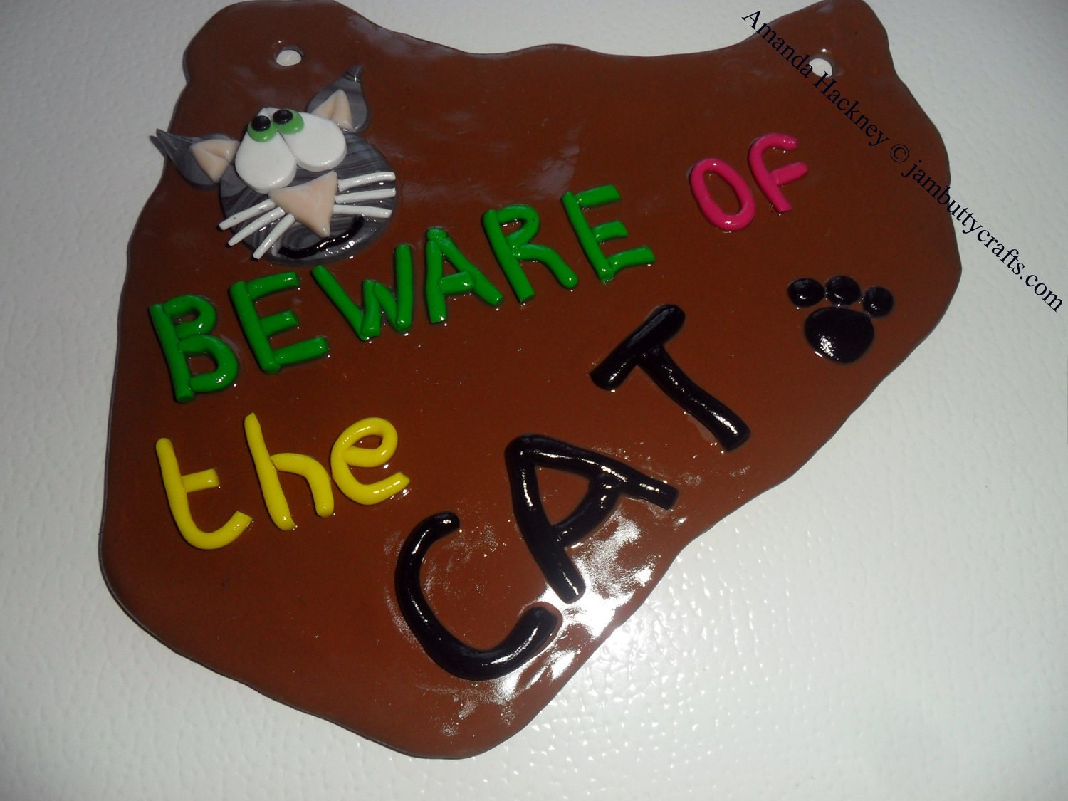 beware of the cat novelty handmade sign for your house or garden. brown.