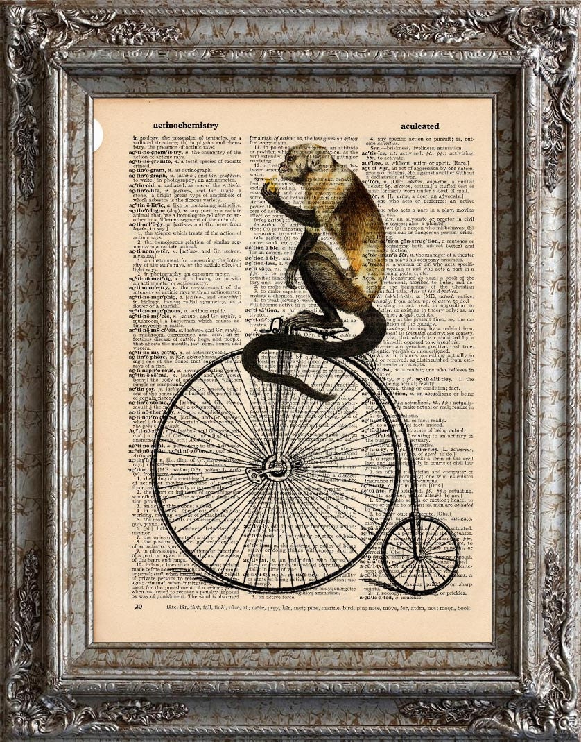 Monkey on Penny Farthing Velocipede with Banana on Vintage Upcycled Dictionary Page Book Art Print Recycled