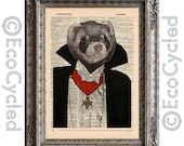Vampire Ferret on Vintage Upcycled Dictionary Page Book Art Print Recycled Dracula