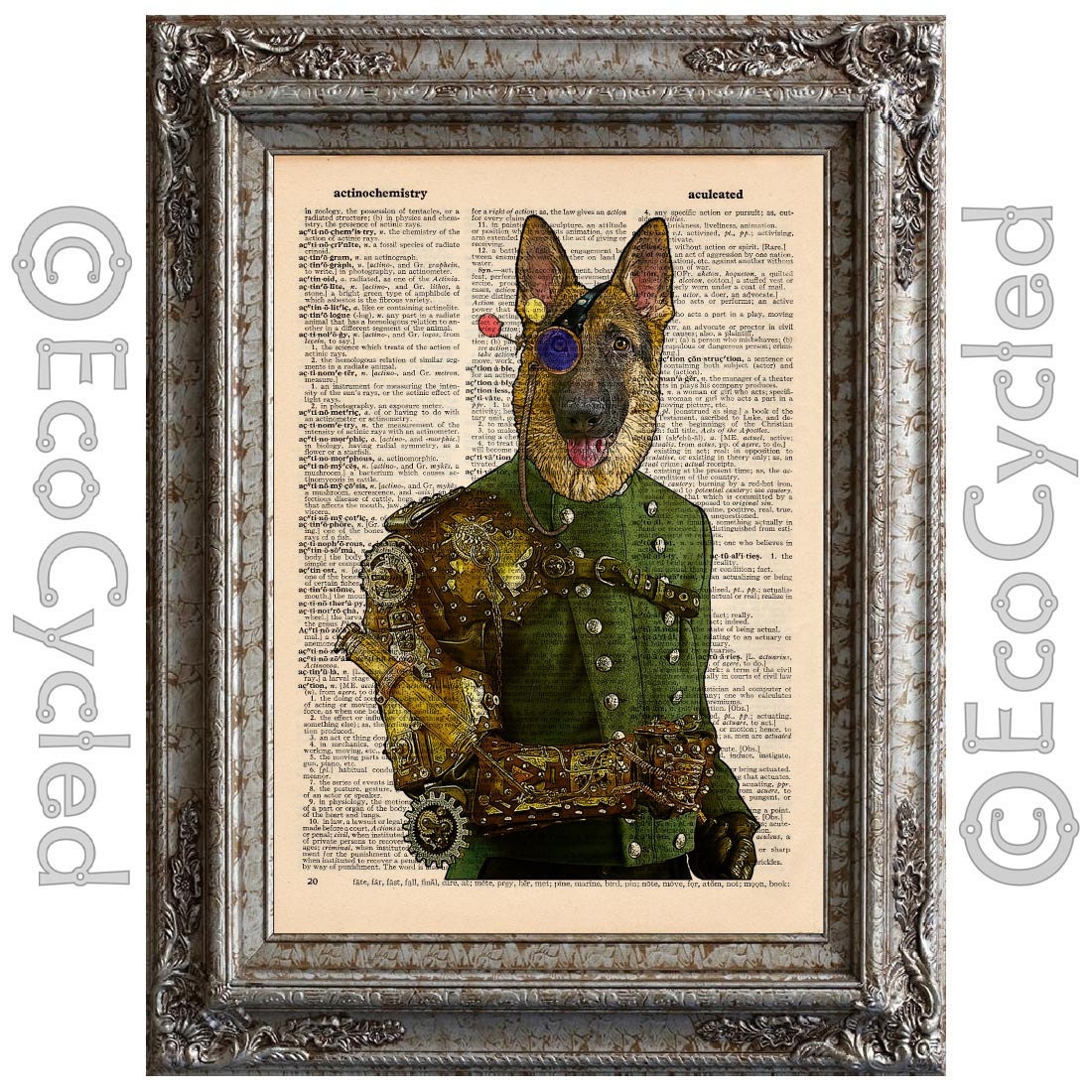 Steampunk Captain Dog on Vintage Upcycled Dictionary Page Book Art Print Recycle German Shepherd