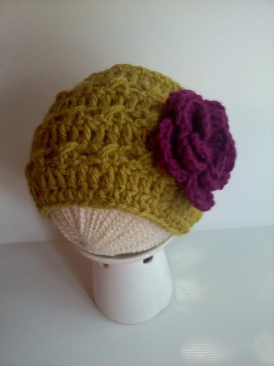 Crochet Winter Headwrap Headband with Crochet Flower - Lemongrass and Plum - Toddler, Teen, and Adult Sizes Available