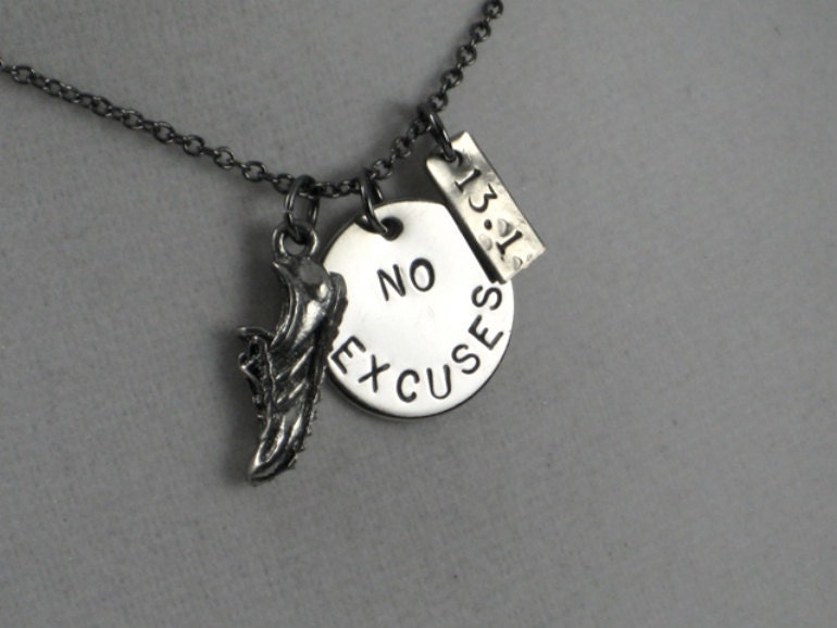 RUN 13.1 NO EXCUSES Necklace - Running Necklace on 18 inch gunmetal chain - Runner Jewelry - Half Marathon Necklace
