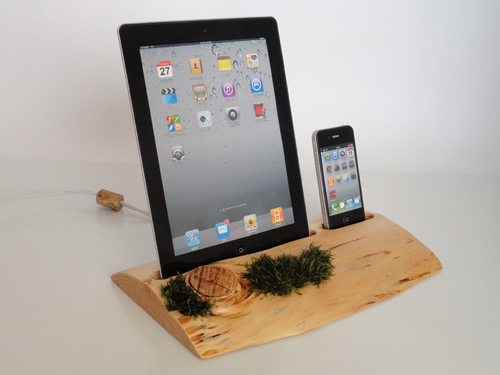 iPhone / iPod / iPad evergreen wooden DUAL docking station - sync, charge, can serve as holder / stand...
