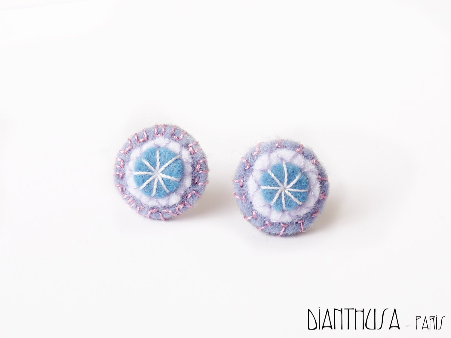 Mini circular earrings in white blue, lilac and purple  tones