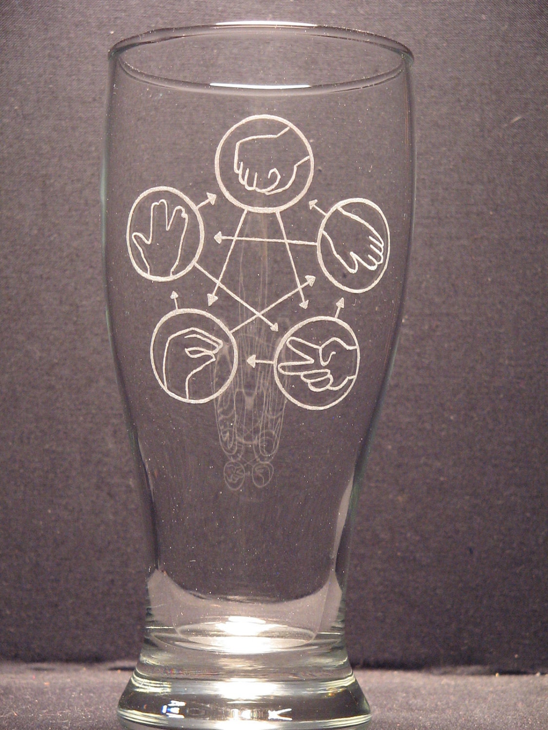 Rock Paper Scissors Lizard Spock Big Band Theory inspired Beer Pilsner Engraved Glass "PICK YOUR STYLE"