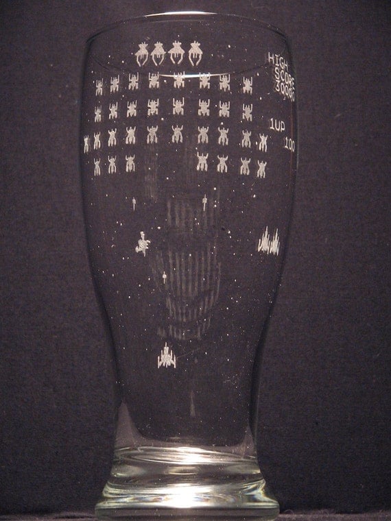 Galaga inspired Pilsner Engraved Glass Pick your style