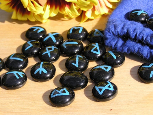 Futhark Rune Set - Black & Blue Glass Droplet