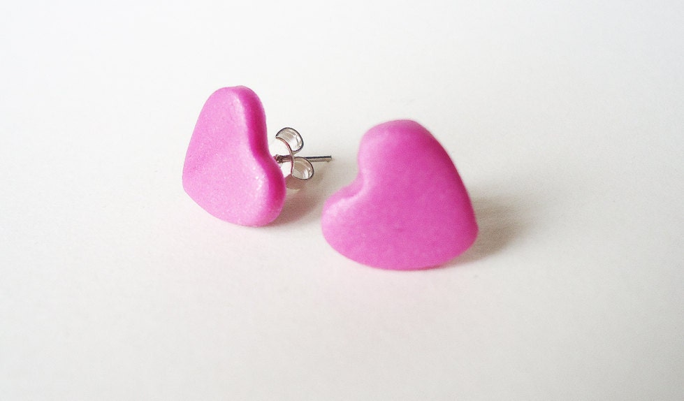 CANDY PINK HEARTS - stud earrings - glittery - other colors available - made to order